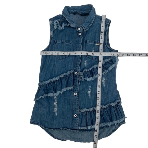 Guess Sleeveless Distressed Ruffled Jean Shirt Size 10 Big Girl's - Picture 4 of 5